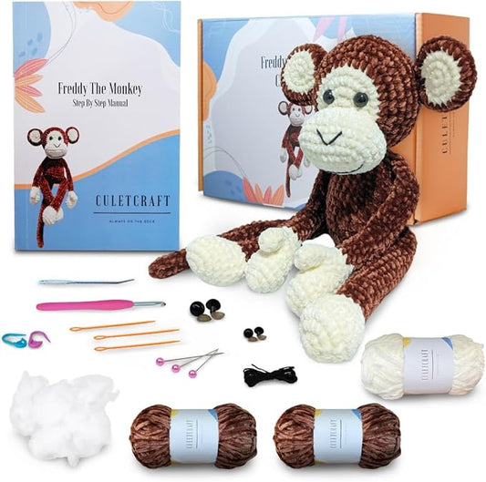 CULETCRAFT Crochet Kit for Beginners Adults, Freddy The Monkey DIY Crochet Animal Kit for Beginners, Learn to Crochet with Step-by-Step Instruction Book, Beginner Crochet Kit for Adults and Kids