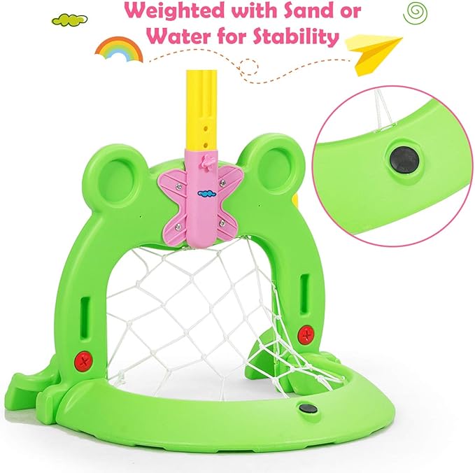 Costzon Toddler Basketball Hoop, 3-in-1 Sports Set for Basketball, Baseball & Football, 6 Height Adjustable Basketball Toy Activity Center for Indoor & Outdoor, Best Gift for Kids (Cute Frog)