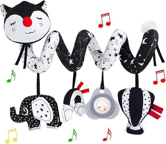 Car Seat Toys, High Contrast Black and White Toy for Infants 0-3 6 12 Months, Musical Black Fox Carseat Toys Stroller Toy for Babies Newborns