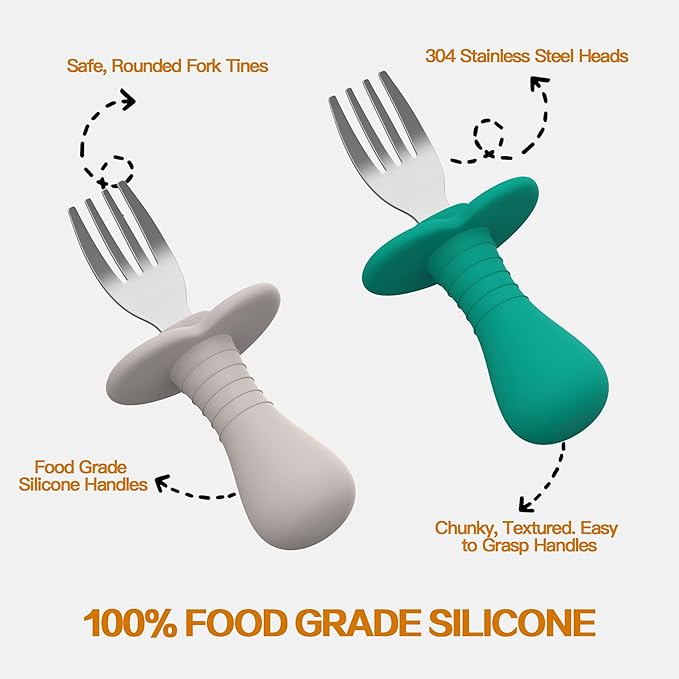 Baby Fork Toddler Forks for Self Feeding, Kids Forks with Silicone Round Handle, Stainless Steel Toddler Utensils Children Safe Silverware Set, Anti-Choke Design, BPA Free - Pink