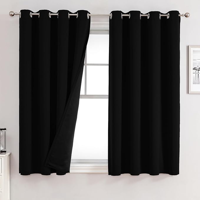 ChrisDowa 100% Blackout Curtains for Bedroom with Black Liner, 2 Thick Layers Total Blackout Thermal Insulated Grommet Window Curtains 2 Panels Set (Black, 52 x 63 Inch)