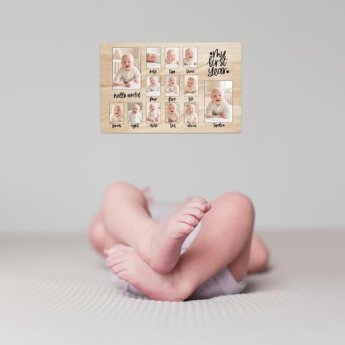 CHONIC My First Year Photo Board, 1st Birthday Gifts for Boy or Girls, 12 Month Pictures Frame for Baby First Year, One Year Birthday Decorations Milestone Sign, Wooden Baby Keepsake Gifts