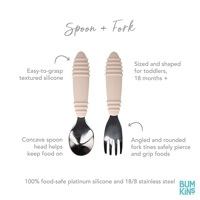 Bumkins Toddler Utensils, Kids Size Fork and Spoon Set, Silicone and Stainless-Steel Training Silverware, Angled Forks/Sporks for Self-Feeding, Children Hold Learning to Eat, 18 Mos Up, Sand Beige