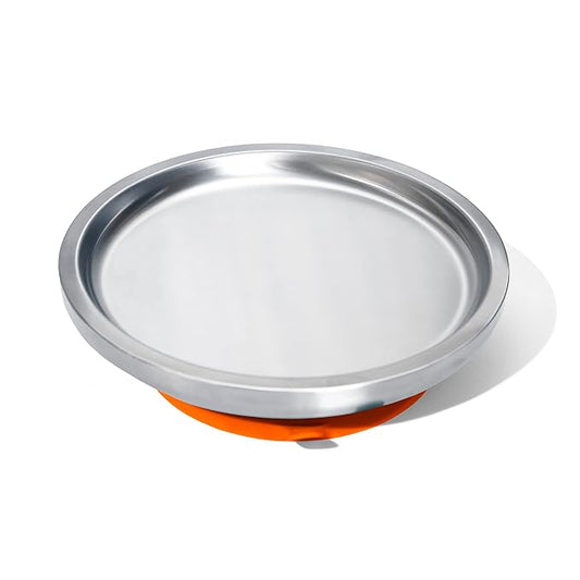 Avanchy Open Baby Plates with Suction – Stainless Steel Divided Plates for Toddlers, BPA-Free, Dishwasher Safe, Unbreakable, Non-Toxic, 100% Silicone Suction – Orange