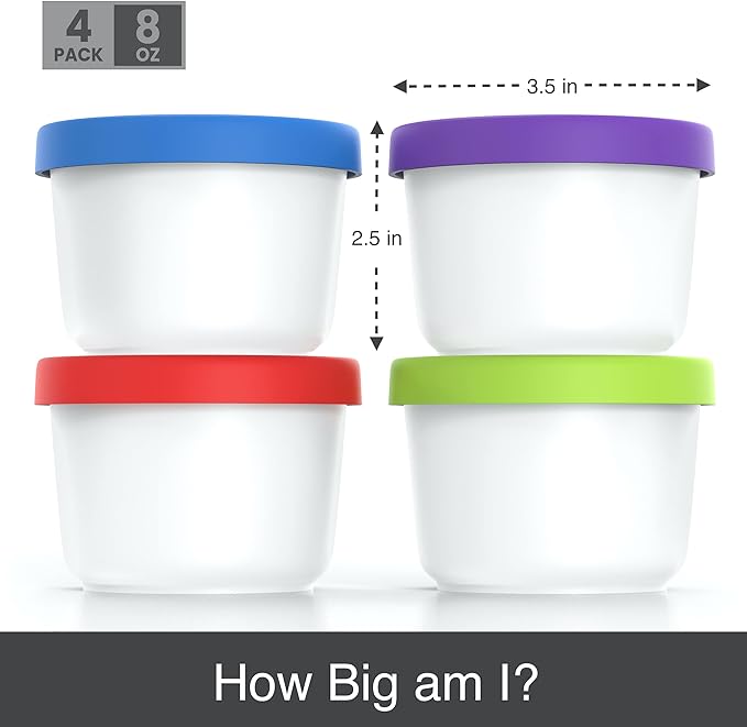 BALCI - 8oz Mini Ice Cream Containers with Silicone Lids (Set of 4) - Freezer Food Storage Containers, Reusable, LeakProof, For Homemade IceCream Containers - Blue, Red, Green, Purple