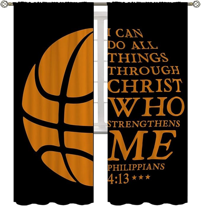 Basketball Blackout Curtains for Boy Girl Room Darkening Decor,Sport Theme and Motto Dark Background Bedroom Living Room Home Rod Pocket Thermal Insulated Window Curtain/Drapes Panel,84x84 Inch…