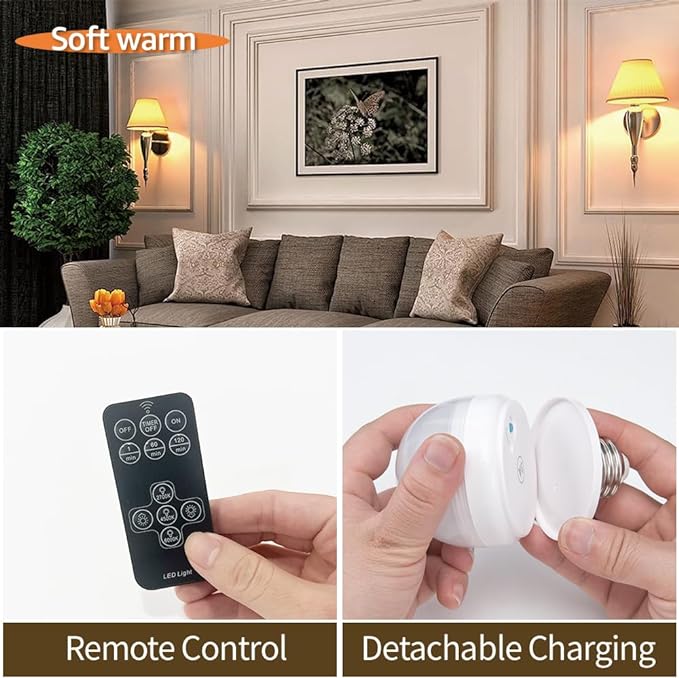BLUEYE Rechargeable Light Bulbs,2Pack,7W,Remote Control,Soft Warm 2700K-6000K,50W Equivalent,450Lumens,Flicker-Free,E26 Detachable Charging,E12 Available,Battery Operated Emergency Lamp for No Outlet