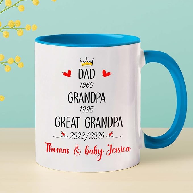 Dad Grandpa Great Grandpa EST 2026 Coffee Mug 11 15 Oz, Novelty Accent Ceramic Cup Gift For Pregnancy Announcement, Customized Choose Year & Name White Coffee Cup New Great-Grandfather Grandad Pawpaw