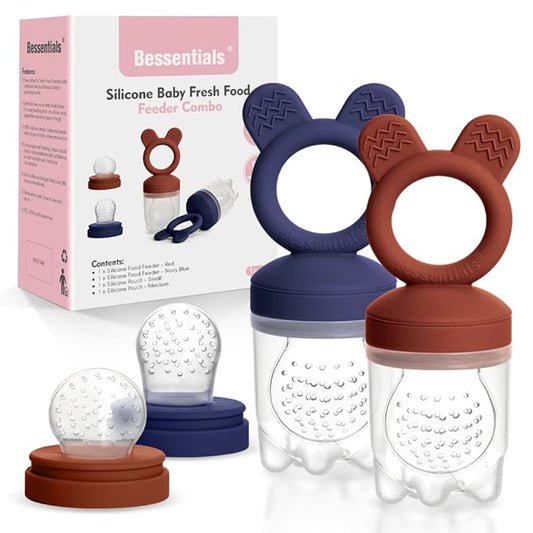 Bessentials Baby Fresh Fruit Food Feeder - 2 Pack Silicone Baby Mesh Feeders for Infant Safe Self Feeding |3 Sizes Food Pouches Included| Suitable for Baby 4m+ (Dark Red & Navy Blue)
