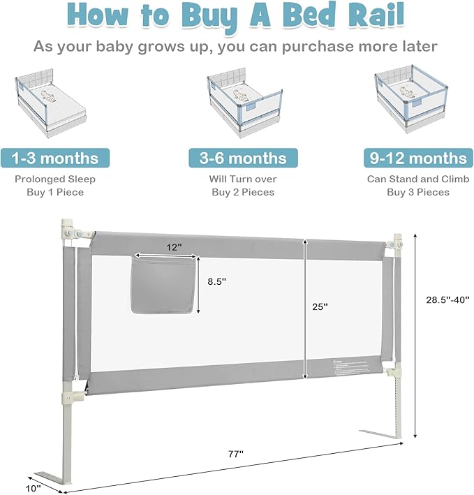 BABY JOY Bed Rail for Toddlers, 77'' Extra Long, Height Adjustable & Foldable Baby Bed Rail Guard w/Storage Pocket & Double Safety Child Lock for Kids Twin Double Full Size Queen King Mattress (Gray)
