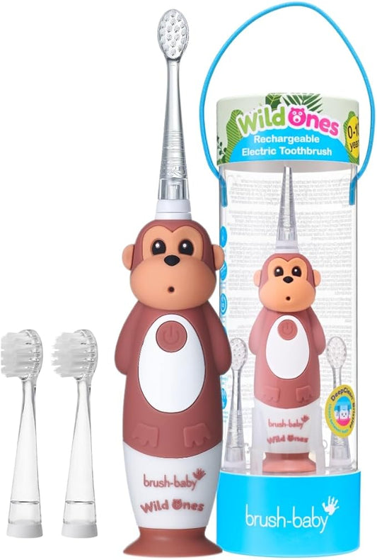 brush-baby WildOnes™ Rechargeable Kids Electric Toothbrush – Monkey | Flashing Lights, 2-Min Timer, Waterproof, 3 Brush Heads | Toddler & Child Toothbrush Ages 0-10 | Soft Bristles