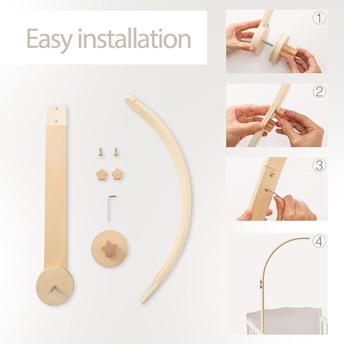 Baby Crib Mobile Arm - Wooden Baby Mobile Crib Holder for Hanging Baby Crib Attachment for Nursery Decor (Curved Structural Arm)