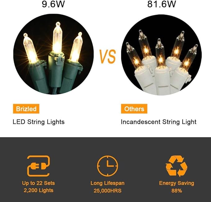 Brizled 4 Pack LED Christmas Lights, 100 LED 33ft Christmas String Lights, 120V UL Certified Connectable Xmas Tree Light Mini Xmas Light for Home Tree Patio Indoor and Outdoor Decorations, Warm White