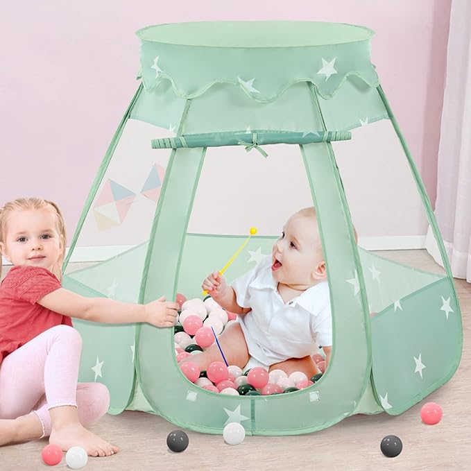 Baby Ball Pit for Toddler with 150 Balls, Kids Pop Up Play Tent for Girls, Princess Toys for Children Indoor & Outdoor Playhouse with Carry Bag (Celadon: Pink/White/Gray, 109x90cm/150 Balls)