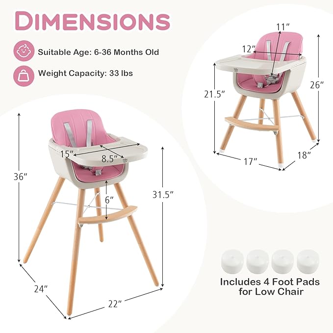 BABY JOY Convertible Baby High Chair, 3 in 1 Wooden Highchair/Booster/Chair with Removable Tray, Adjustable Legs, 5-Point Harness, PU Cushion and Footrest for Baby, Infants, Toddlers (Pink)