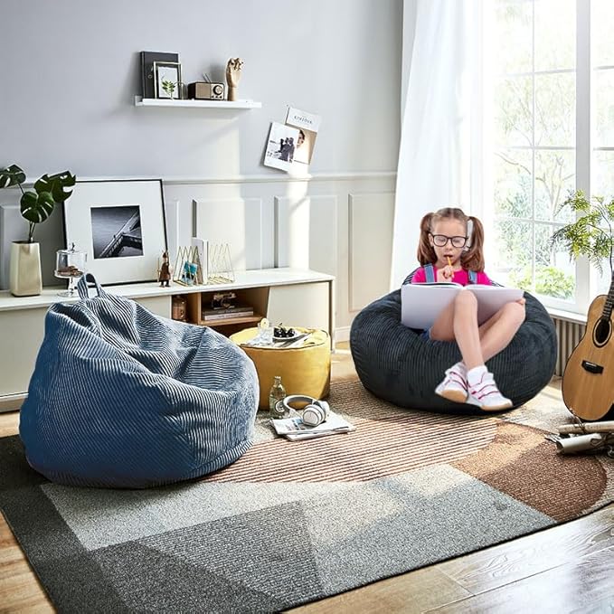 2 Pcs Classic Bean Bag Chair, with Faux Rabbit Fur Cover for Teens and Kids, Memory Foam Bean Bag Chairs, Ultra Soft Faux Fur Fabric, 2.5 feet Round Fluffy Bean Bag Sofa