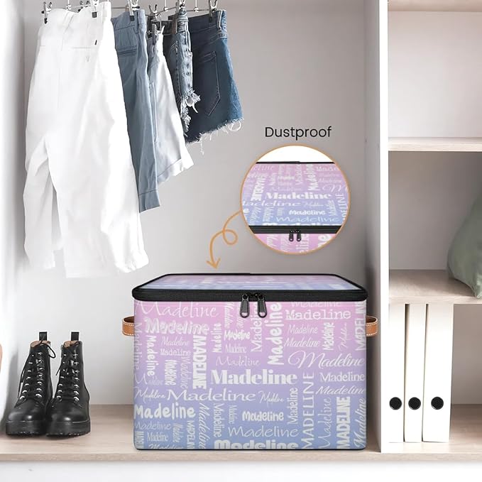 Custom Storage Basket with Name, Personalized Storage Bins with Zipper Lid, Foldable Fabric Storage Box Large capacity with Handle Pink Purple