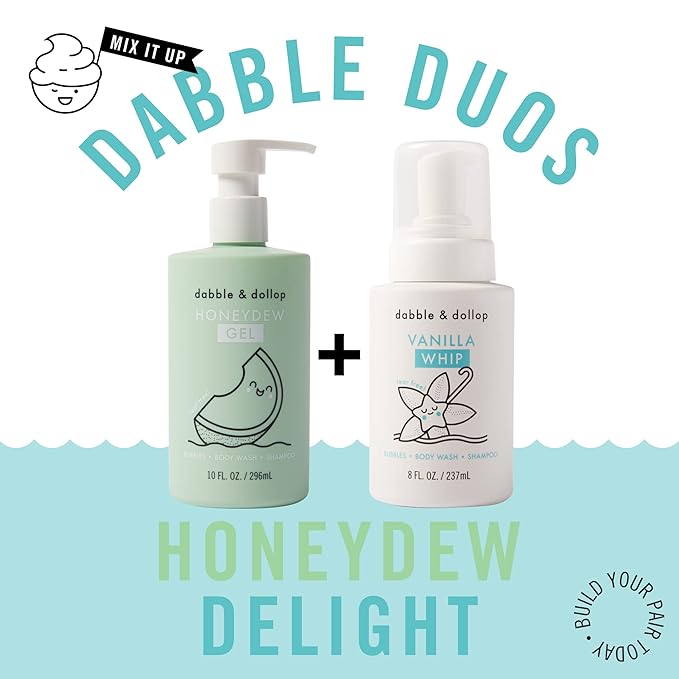 Dabble & Dollop Honeydew Melon + Vanilla Body Wash & Shampoo – 3-in-1 Natural Bubble Bath for Kids, Made in USA, No Parabens or Sulfates, Vegan, Gluten-Free, Tear-Free (2-Pack)