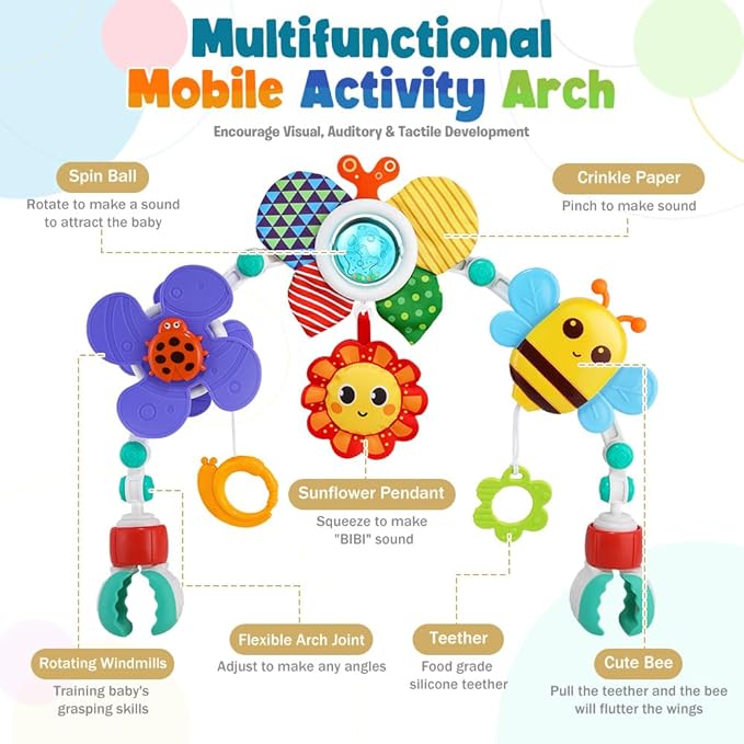 Baby Stroller Arch Toys,Adjustable Crib Mobile for Bassinet with Sensory Play Accessories and Hanging Toys,Baby Travel Car Seat Toys for Toddler Boy Girl 0 3 6 9 12 24 Months