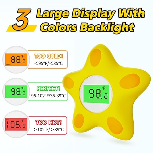 Baby Bath Thermometer, Infant Digital Water Thermometer Safety with 3 Color Backlit and Temperature Warning, Room Thermometers Floating Toy for Infant, Toddler, Bathtub, Swimming Pool (Yellow)