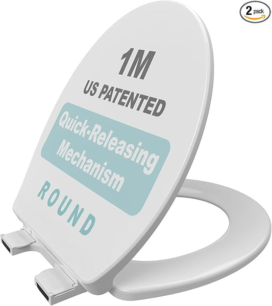 1M Soft Close Toilet Seat Round, Patented Quick Releasing for Easy Cleaning, Anti-Wiggling Design, Easy Installation (2PCS Pack)