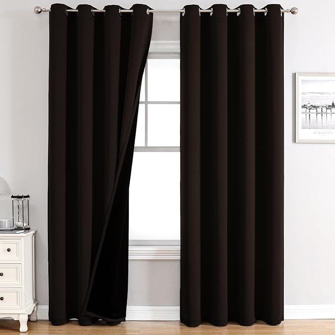 ChrisDowa 100% Blackout Curtains for Bedroom with Black Liner, 2 Thick Layers Total Blackout Thermal Insulated Grommet Window Curtains 2 Panels Set (Brown, 52 x 72 Inch)