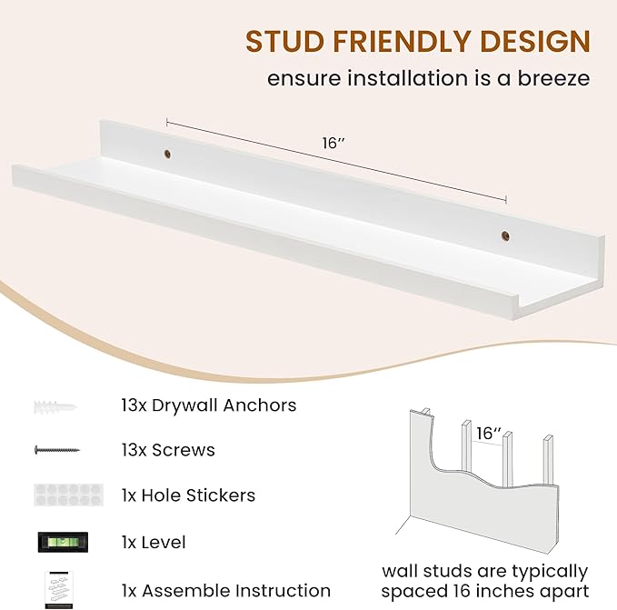 Axeman Picture Ledge Shelf, Floating Shelves for Wall Decor Storage Set of 6, 24 inch Floating Wall Mounted Shelves, Wall Shelves with Lip for Living Room, Bedroom, Nursery, Bathroom, Kitchen, White