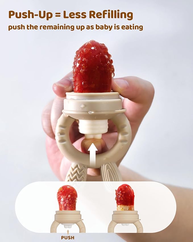 2 Packs Baby Fruit Feeder & Freezer Nibble Tray Combo, Push Pop Baby Food Feeder to Safely Introduce New Foods, Fresh & Frozen Food Silicone Feeder, 100% Food Grade, BPA Free (Caramel & Pink)