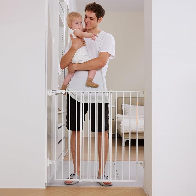 Babelio 34" Extra Tall Baby/Dog Gate with No Threshold Design Walk Thru Door, 26-43" Auto Close Safety Gate for Babies, Elders and Pets, Fits Doorways, Stairs, and Entryways, White