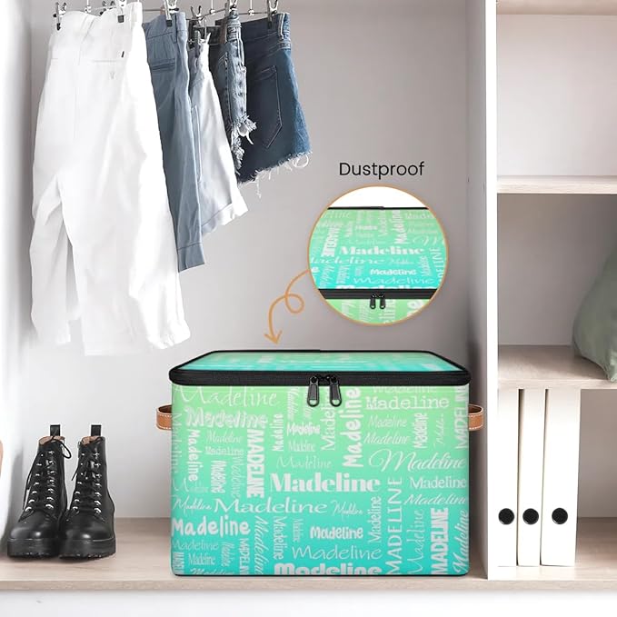 Custom Storage Basket with Name, Personalized Storage Bins with Zipper Lid, Foldable Fabric Storage Box Large capacity with Handle Green Blue