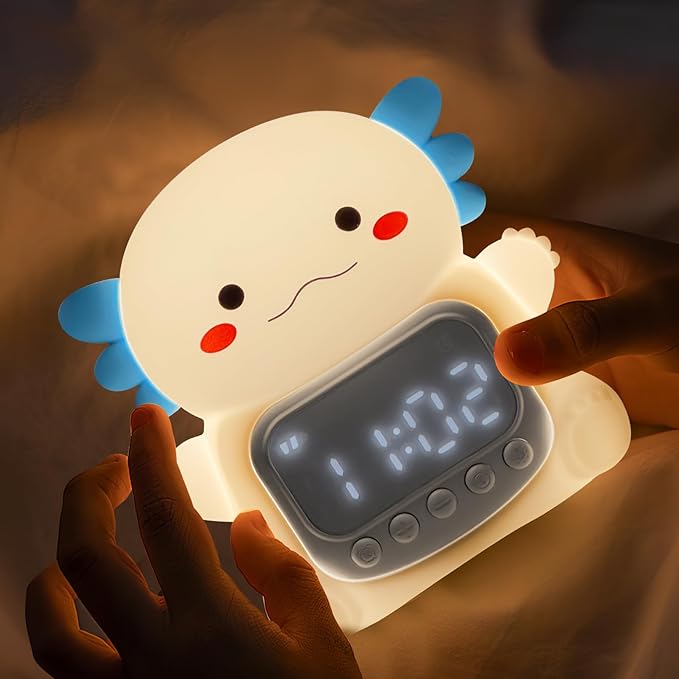 Axolotl Alarm Clock with Night Light for Kids, 7 RGB Color Cute Alarm Clocks for Bedrooms Ok to Wake Clocks, Silicone Animal Tabletop Lamp for Teen Girls Boys, White