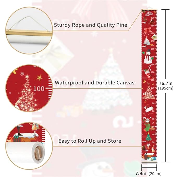 Christmas Decorations, Growth Chart for Wall, Height Chart for Kids, Xmas Nursery Decor, Hanging Ruler Wall Decor, Baby Room Decor, Christmas Gifts for Boys Girls - 76.7 x 7.9 inch with Beige Wood
