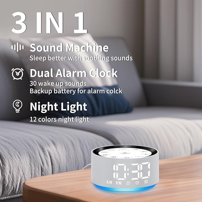 Brown Noise Machine Alarm Clock Sound White Noise Machine Night Light with 30 Sleeping Sounds for Baby Kids Adults 2 Alarms Backup Battery 32 Level Volume 15 Wake up Sounds for Mild Heavy Sleeper