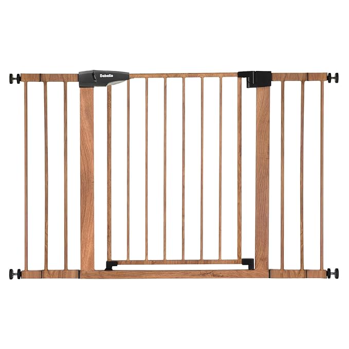 BABELIO 29-48" Metal Baby Gate with Brown Wood Pattern, Auto Close Dog Gate for The House, Stairs and Doorways, Pressure Mounted Pet Gate with Door, Safety Gate for Child and Pets