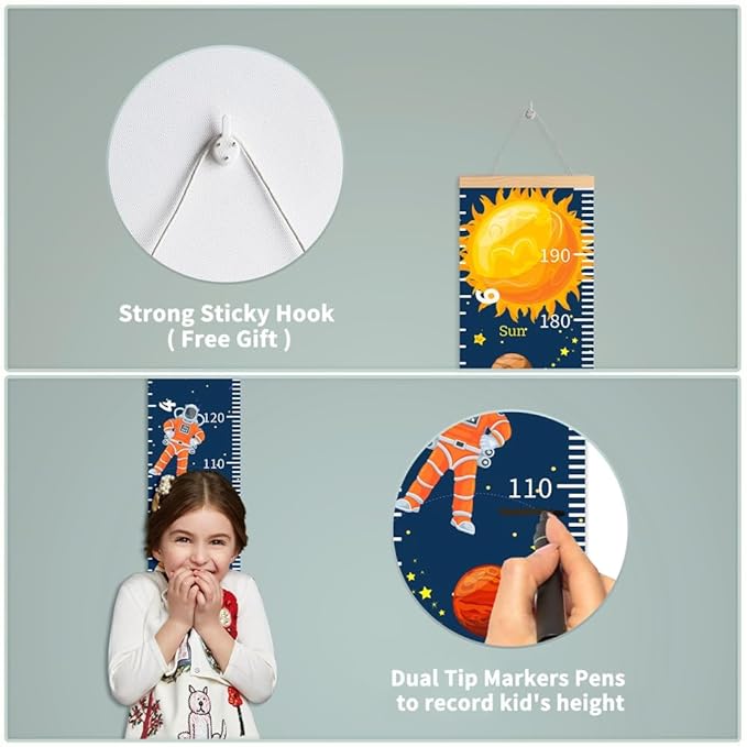 Baby Height Growth Chart - Canvas Height Chart for Kids Baby Child Toddler Boys Girls Growth Chart for Wall Room Nursery Decor Hangable and Removable Measuring Wall Ruler (Space, Beige Wood)