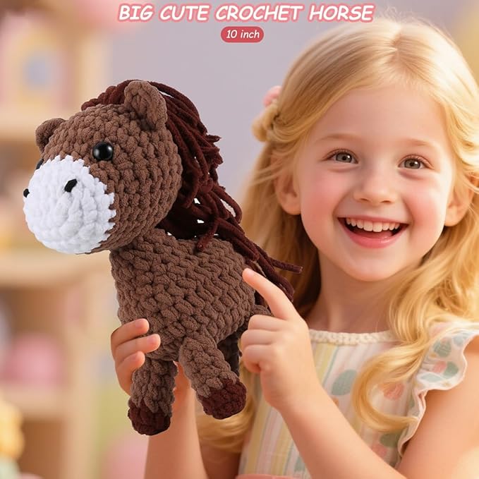Crochet Animal Kit–10in Big Adorable HORSE, Amigurumi Crochet Kit For Intermediate Advanced level, Kids Knitting Kit With Detailed Videos Tutorials, Yarn, Crochet Hook, Best Gift For Crochet Lovers