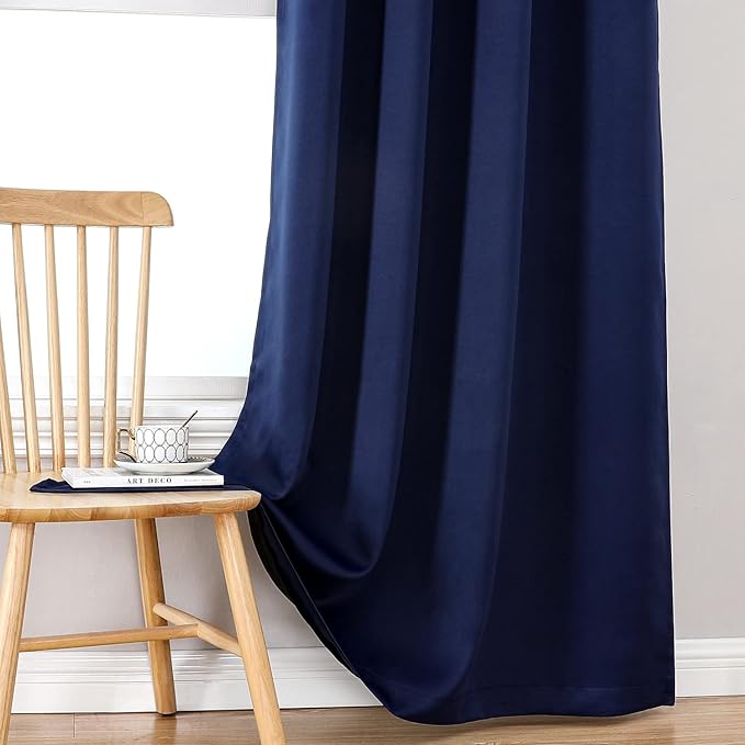 ChrisDowa 100% Blackout Curtains for Bedroom with Black Liner, 2 Thick Layers Total Blackout Thermal Insulated Grommet Window Curtains 2 Panels Set (Navy Blue, 52 x 84 Inch)