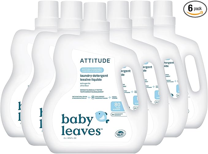 ATTITUDE Baby Laundry Detergent Liquid, EWG Verified, Safe for Baby Clothes, Infant and Newborn, HE Compatible, Soothing Chamomile, 80 Loads, 67.6 Fl Oz (Pack of 6) (AMAZON EXCLUSIVE)