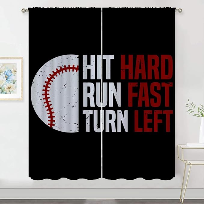 Baseball Blackout Curtains for Boy Girl Room Darkening Decor,Sport Theme Red and White Motto Dark Bedroom Living Room Home Rod Pocket Thermal Insulated Window Curtain/Drapes Panel,42x45 Inch…