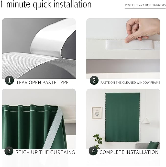 Blackout Curtains for Bedroom Stick On Curtains Window Shades Pull Down Blackout Window Cover No Drillng Self Adhesive Curtains No Rod Small Curtain, 59" W X 84" L, Dark Green, 1 Panel