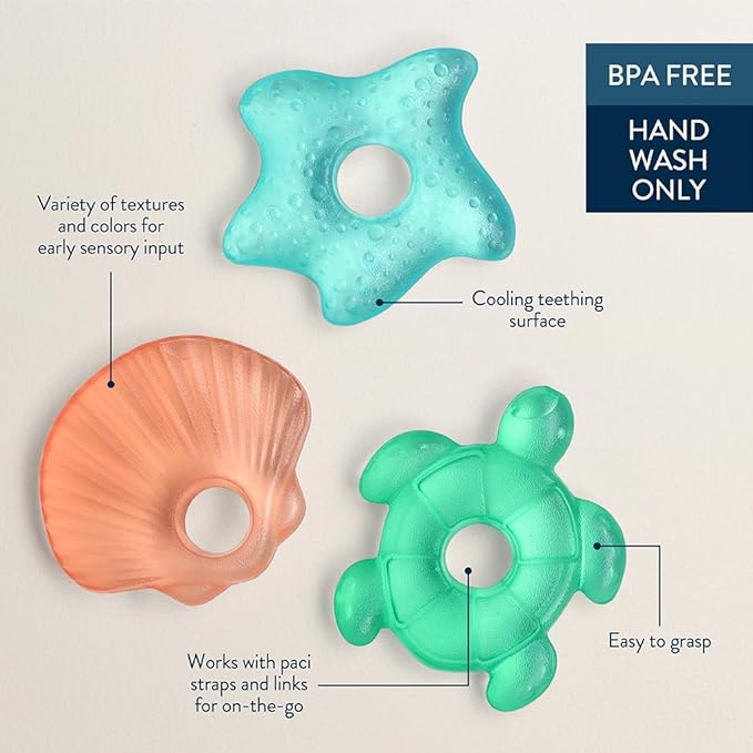 Itzy Ritzy Water-Filled Teethers - Cold Cutie Coolers Textured On Both Sides to Massage Sore Gums & Emerging Teeth - Can Be Chilled in Refrigerator, Set of 3 Seaside Water Teethers