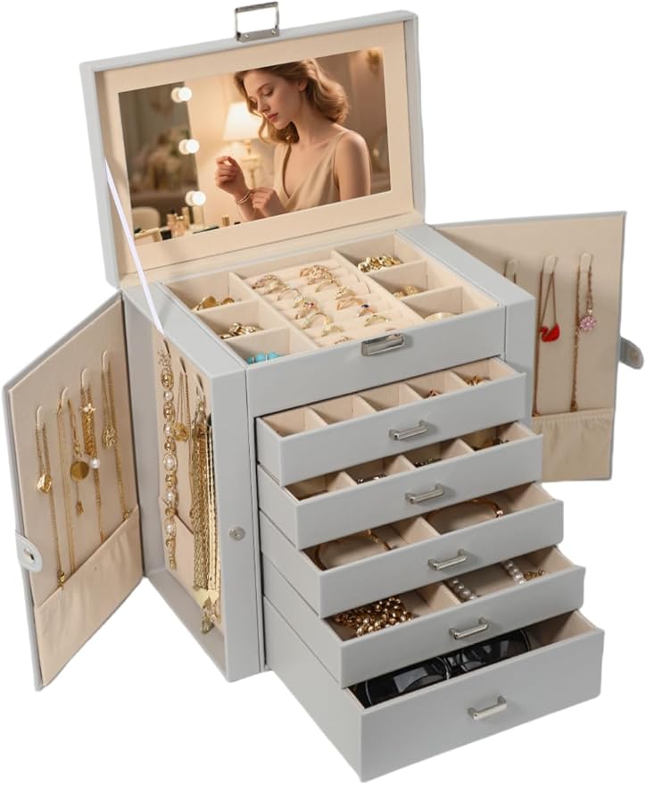 BOOVO Jewelry Box For women, 6 Layer Large Jewelry Organizer With Mirror, Multi-Function Storage Box With Lock, Necklace Holder With 5 Drawers, For Earrings Necklace Bracelet (Silver and Grey)