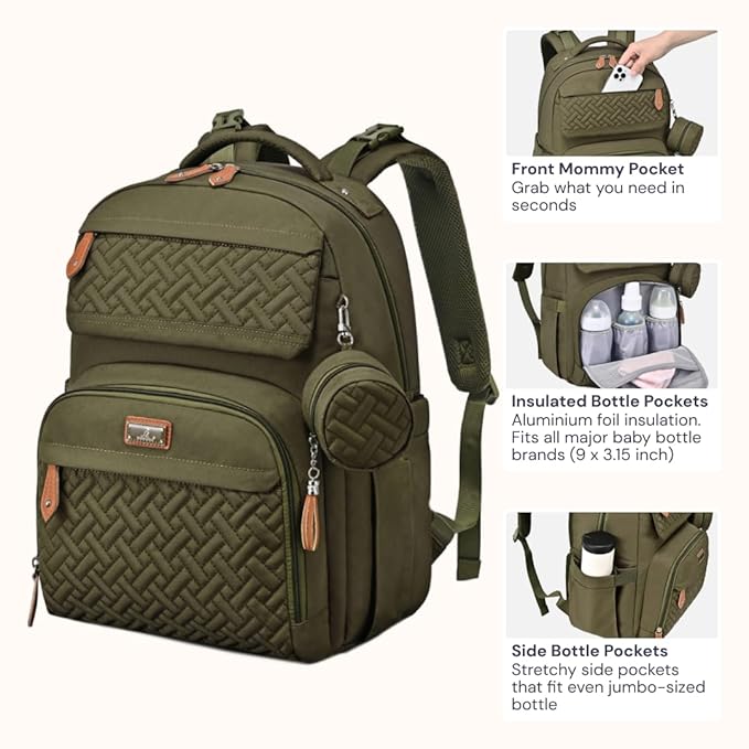 BabbleRoo Diaper Bag Backpack, Travel Backpack with Changing Pad, Pacifier Case & Stroller Straps, Multifunction, Waterproof, Unisex – Army Green