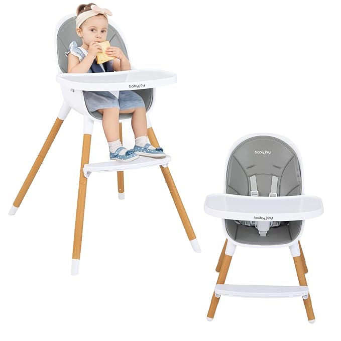 BABY JOY Convertible Baby High Chair, 3 in 1 Highchair w/Adjustable Legs, Dishwasher Safe Tray, Detachable PU Cushion, Footrest, 5-Point Harness for Babies Infants Toddlers (Gray)