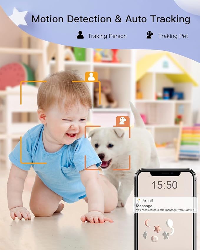 ARENTI Baby Camera Monitor, 2K/3MP WiFi 6, Smartphone App, Super Night Vision, Crying Detection, Auto Tracking, Temp&Humidity Sensor, Cloud&SD Card Storage (D3)