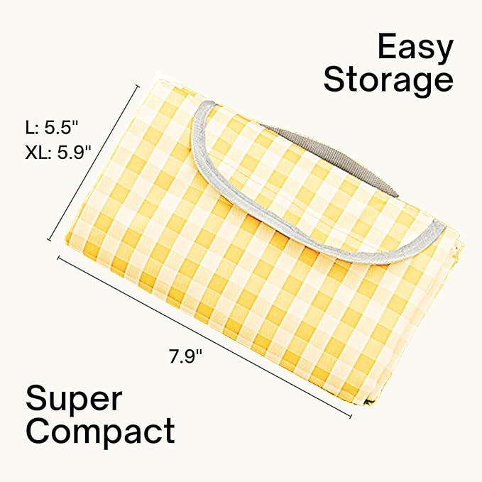 Cute Gingham Picnic Blanket, Waterproof Foldable, in Large 80x60in and Extra Large 80x80in, Portable Compact Beach Blanket, Oversized XL Outdoor Mat (Yellow, X-Large)