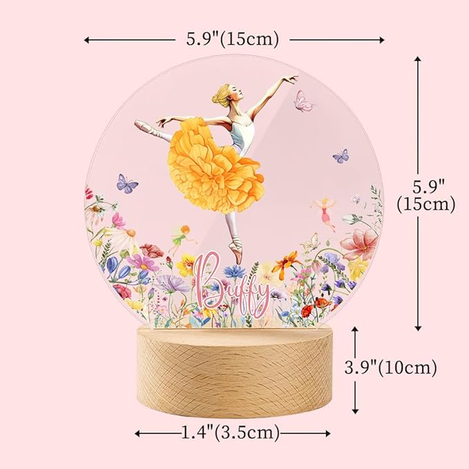 callie Acrylic Night Light Name Plate Personalized, Custom Cute Fox Deer Turtle Forest Animal with Wooden Base Bedroom Decor, Birthday Gifts Kid Gifts for Family (Beautiful Ballet Girl)