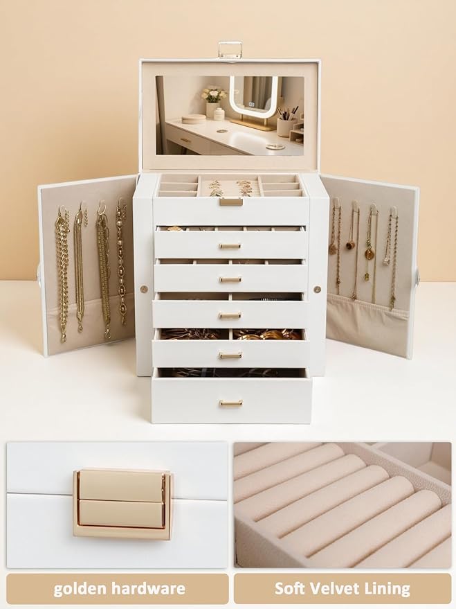 BOOVO Jewelry Box For women, 6 Layer Large Jewelry Organizer With Mirror, Multi-Function Storage Box With Lock, Necklace Holder With 5 Drawers, For Earrings Necklace Bracelet (White and Gold)
