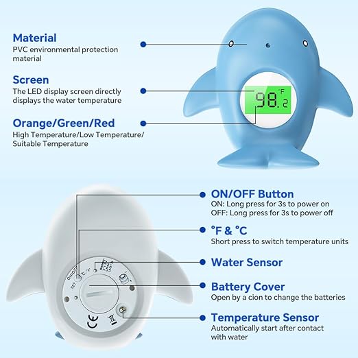 Baby Bath Thermometer, Infant Digital Water Thermometer Safety with 3 Color Backlit and Temperature Warning, Room Thermometers Floating Toy for Infant, Toddler, Bathtub, Swimming Pool (Light Blue)