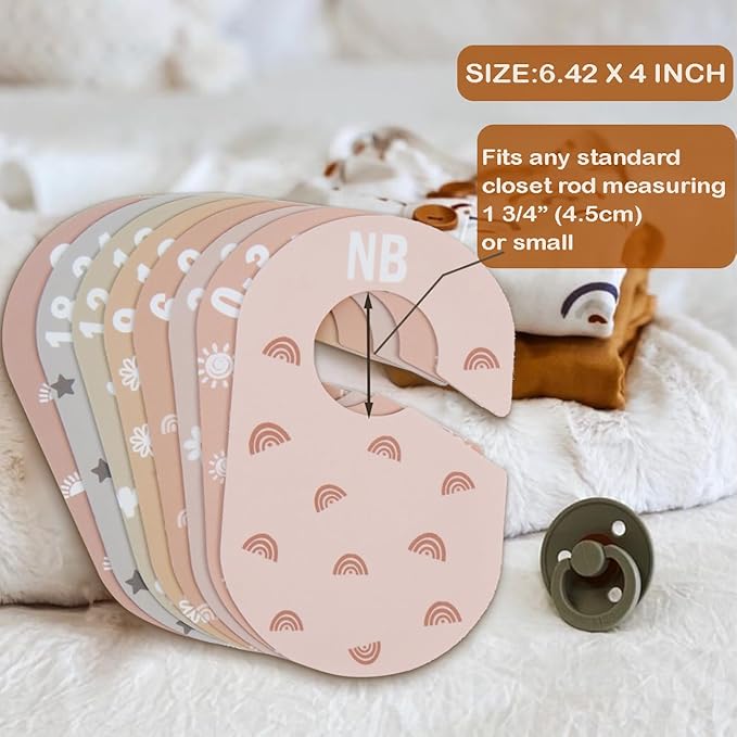 Baby Closet Divider, Baby Wardrobe Organizer, Double-Sided Minimalist Cute Design, Nursery Decor Clothes Hanger Dividers for Sorting 8 Sizes from Newborn to 12+ Months